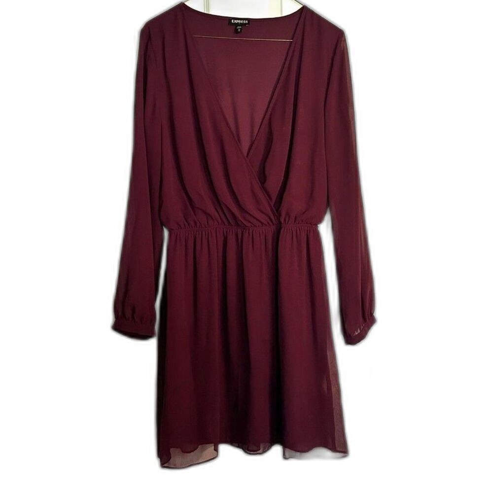 EXPRESS Burgundy Red Sheer Long Sleeve V-Neck Lined Cocktail Flowy Dress Medium